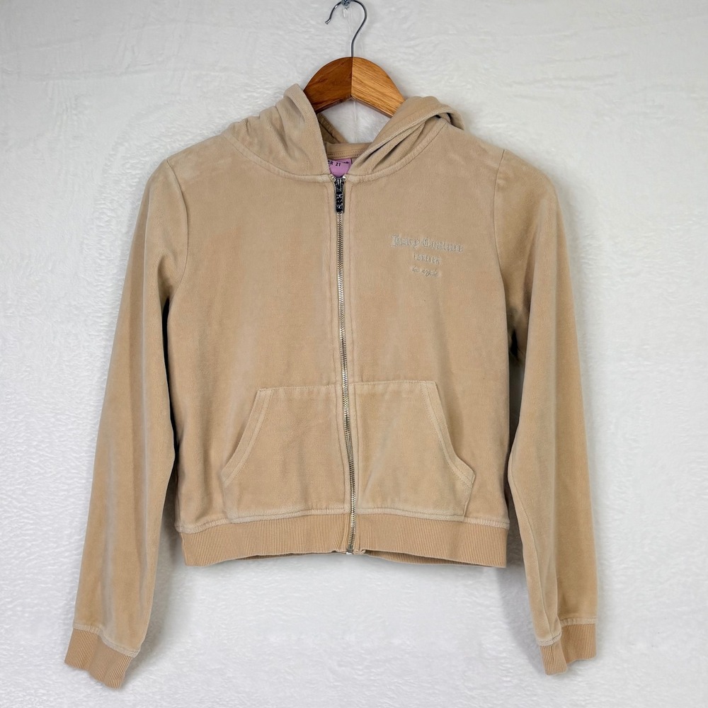 Juicy Couture x Forever 21 Velour Zip Hoodie Medium Bling Sparkle Logo Beige